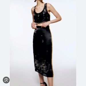 NWT ZARA LIMITED EDITION JEWEL TRIM SATIN EFFECT SKIRT in M and TOP in S BLACK
